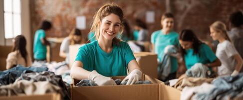 The smiling volunteer sort clothes at a community charity event. photo