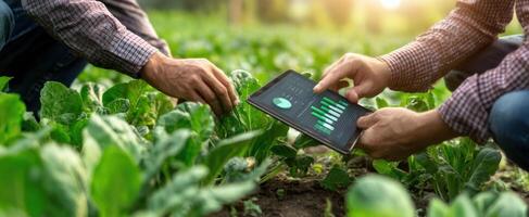 The farmers analyzing crop data on a tablet in a lush green field. photo