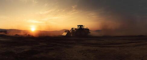 The bulldozer operates under a beautiful sunset on a construction site. photo