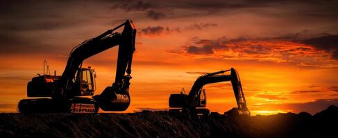 The silhouette of excavators operating at sunset on a construction site. photo