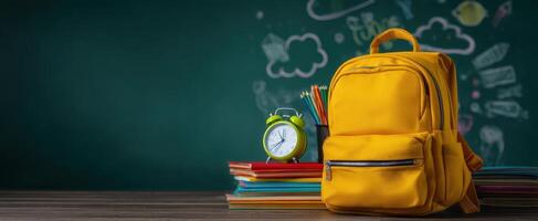 The vibrant yellow backpack with school supplies and clock on a desk. photo
