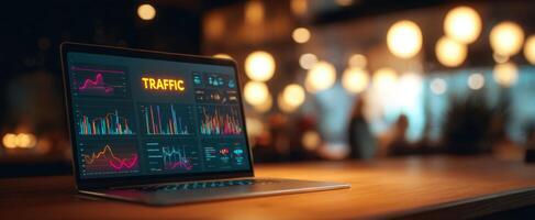 The laptop displaying dynamic traffic analytics and vibrant data visualizations. photo