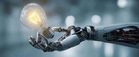 The futuristic robot hand holding a glowing lightbulb in a modern setting. photo