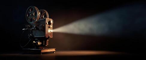 The vintage cinema projector illuminating a dark room with nostalgic charm. photo