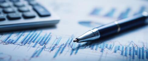 The pen and calculator beside financial graphs and charts on a workspace. photo