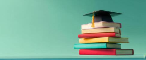 The graduation cap resting on a stack of colorful books for education celebration. photo