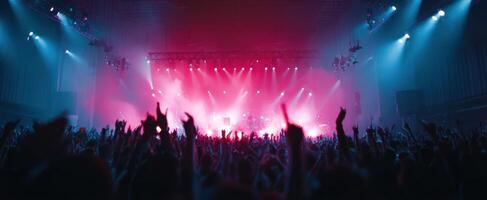 The vibrant concert atmosphere with energetic crowd under colorful lights photo