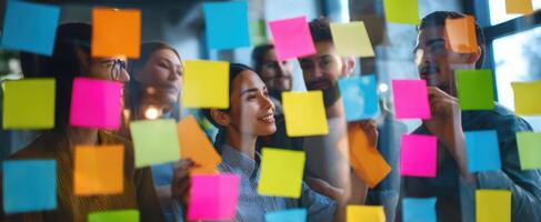 The vibrant collaboration of a team surrounded by colorful sticky notes. photo