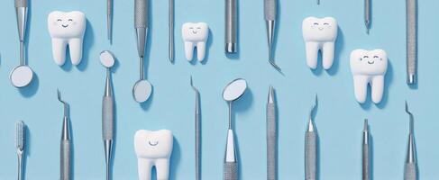 The whimsical arrangement of dental tools and cheerful cartoon teeth. photo