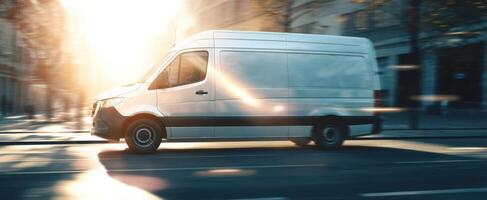 The sleek white van driving through a sunlit urban landscape at high speed. photo
