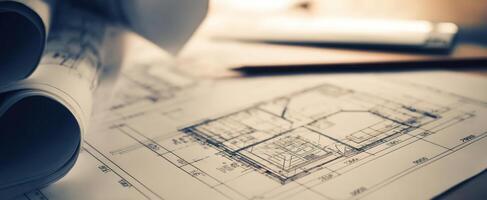 The architectural blueprint demonstrating intricate design and planning processes. photo