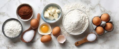 The arrangement of baking ingredients for creating delicious treats at home. photo