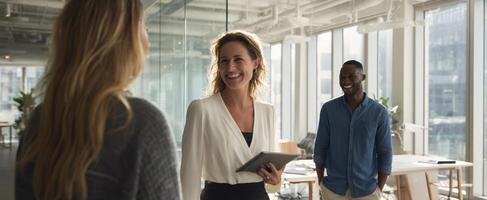 The smiling businesswoman engaging in conversation with colleagues in a modern office setting. photo