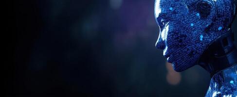 The futuristic blue humanoid robot with digital patterns and advanced technology. photo