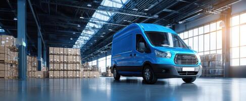 The blue delivery truck parked inside a spacious warehouse filled with boxes. photo