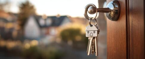 The house keys hanging in a door lock symbolize new beginnings and opportunities. photo