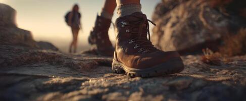 The close-up of hiking boots on a rocky trail during sunset hike. photo
