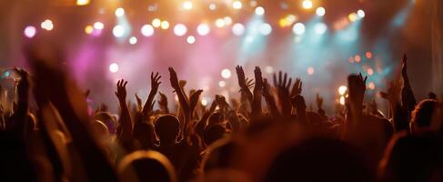 The vibrant concert audience celebrating music under colorful lights. photo
