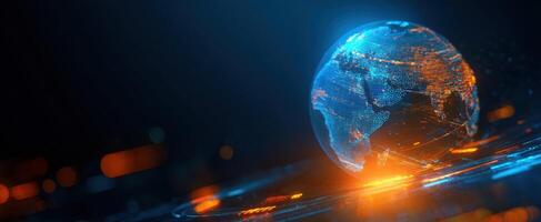 The glowing globe showcasing a digital representation of our interconnected world. photo