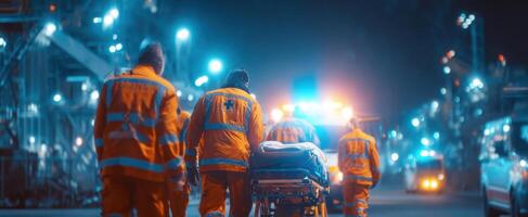 The paramedics transporting a patient under vibrant city lights at night. photo