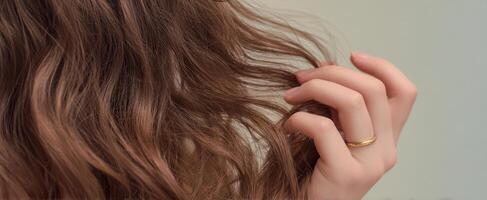 The graceful hand gently caressing beautiful curly hair in soft light. photo