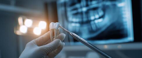 The dentist examines a tooth with precision using advanced dental instruments. photo