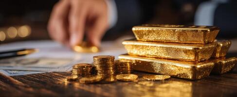 The gold bars and coins representing wealth and financial investment. photo