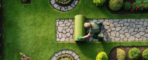 The landscaper laying fresh turf on a beautifully designed garden pathway. photo