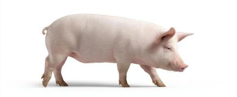 The adorable pig walking gracefully on a white background. photo