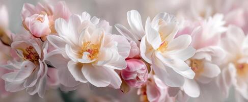 The delicate beauty of blooming pink and white flowers in soft focus. photo