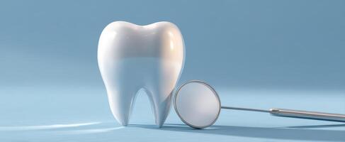 The dental tooth alongside a reflective mirror tool in a clinical setting. photo