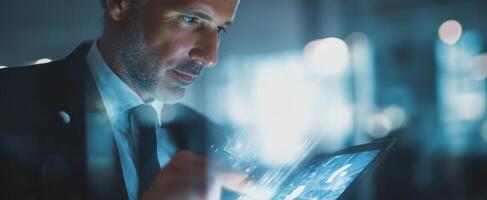 The businessman analyzing data on a digital tablet in a modern office environment. photo