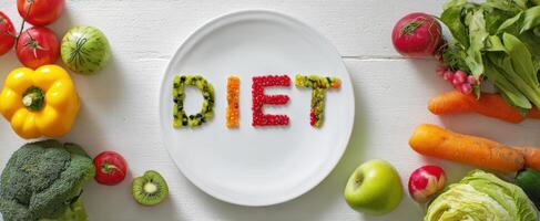 The Artistic Display of Fresh Vegetables Spelling Out 'DIET' on a Plate photo