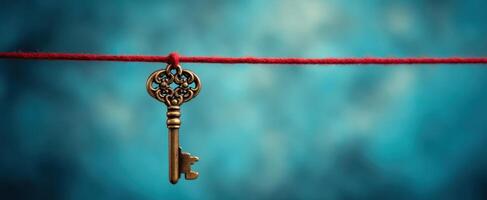 The vintage key hanging on a string against a blurred blue background. photo