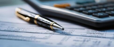 The pen resting on financial documents and a calculator on a desk. photo