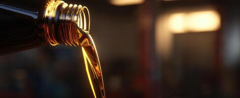 The pouring oil from a bottle creating a glistening stream of liquid. photo