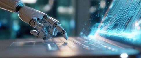 The robotic hand interacting with a futuristic laptop interface and digital data. photo