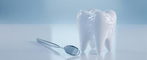 The large white tooth and dental mirror on a minimalist background. photo