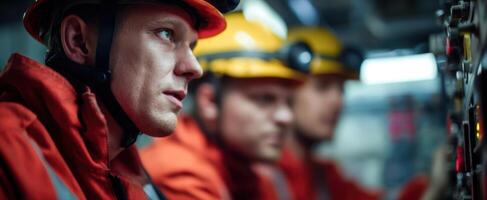 The industrial operation with focused technicians monitoring machinery controls. photo