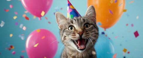 The playful cat celebrating with balloons and a party hat at a festive event. photo