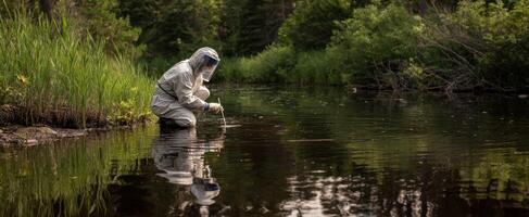 The scientist collecting water samples in a serene natural environment for research. photo