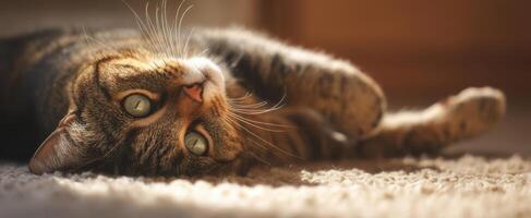 The adorable tabby cat relaxing comfortably in warm sunlight. photo