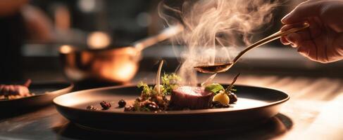 The exquisite dish being plated with finesse and artistic flair. photo