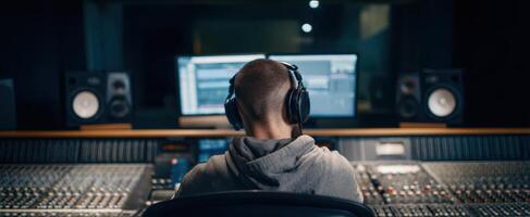 The audio engineer working diligently in a modern recording studio environment. photo