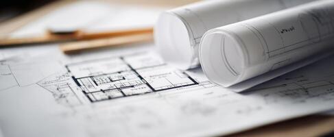 The detailed architectural blueprints showcasing design and construction planning. photo