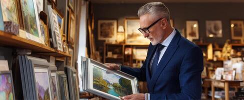 The man examining a beautiful painting in a sophisticated art gallery. photo