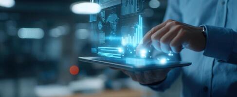 The Tablet Displaying Holographic Data Analytics in a Modern Office Environment photo