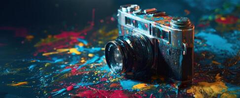 The Creative Camera Covered in Vibrant Paint Splashes on a Colorful Surface photo
