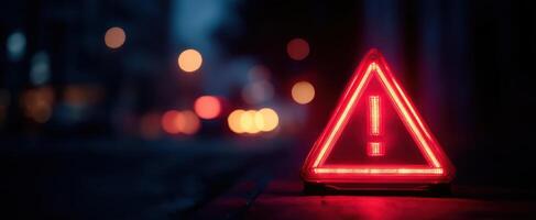The illuminated red warning triangle signaling danger in an urban setting at night. photo