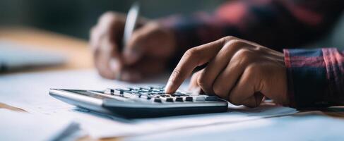 The focused hands using a calculator amidst financial paperwork and notes. photo